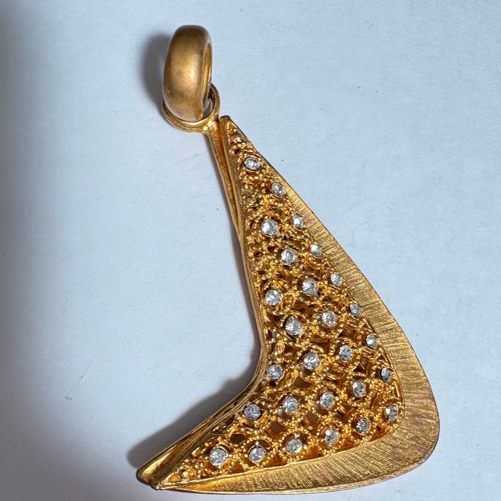 Gold plated and Crystal rhinestone mid century abstract pendant